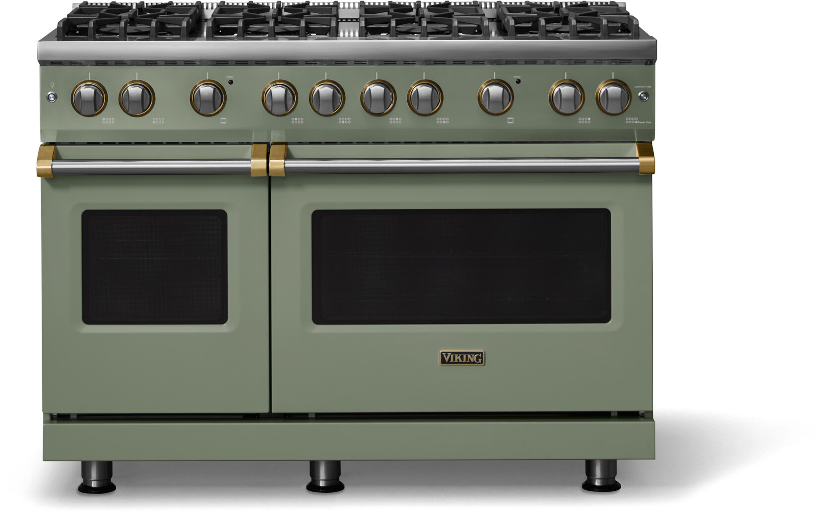 Viking VGR54848BEUBBLP 5-Series 48 inch Freestanding Gas Range with 8 Sealed Burners, 6.1 cu. ft. Oven Capacity, VSH Pro Sealed Burner System and Gourmet-Glo Infrared Broiler (Eucalyptus, Brushed Brass, Liquid Propane)