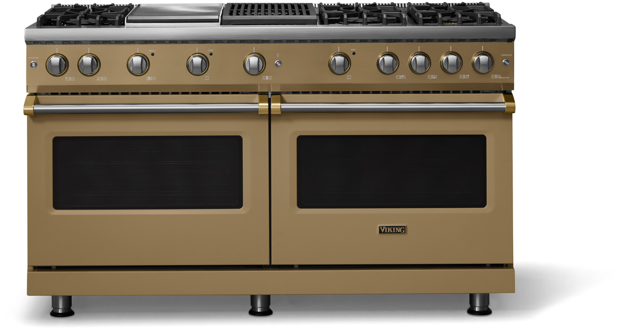 Viking VGR56046GQGHBBLP 5-Series 60 inch Freestanding Gas Range with 6 Sealed Burners, Griddle, Grill, 8 cu. ft. Oven Capacity, VSH Pro Sealed Burner System and Gourmet-Glo Infrared Broiler (Golden Hour, Brushed Brass, Liquid Propane)