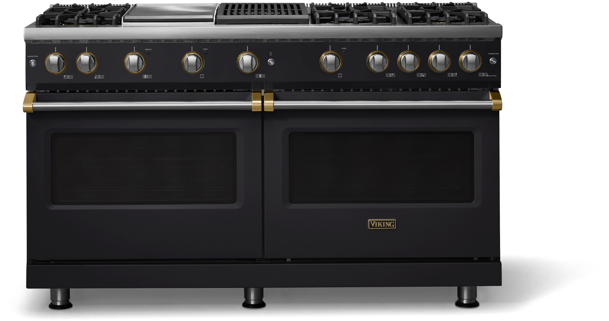 Viking VGR56046GQONBBLP 5-Series 60 inch Freestanding Gas Range with 6 Sealed Burners, Griddle, Grill, 8 cu. ft. Oven Capacity, VSH Pro Sealed Burner System and Gourmet-Glo Infrared Broiler (Onyx, Brushed Brass, Liquid Propane)
