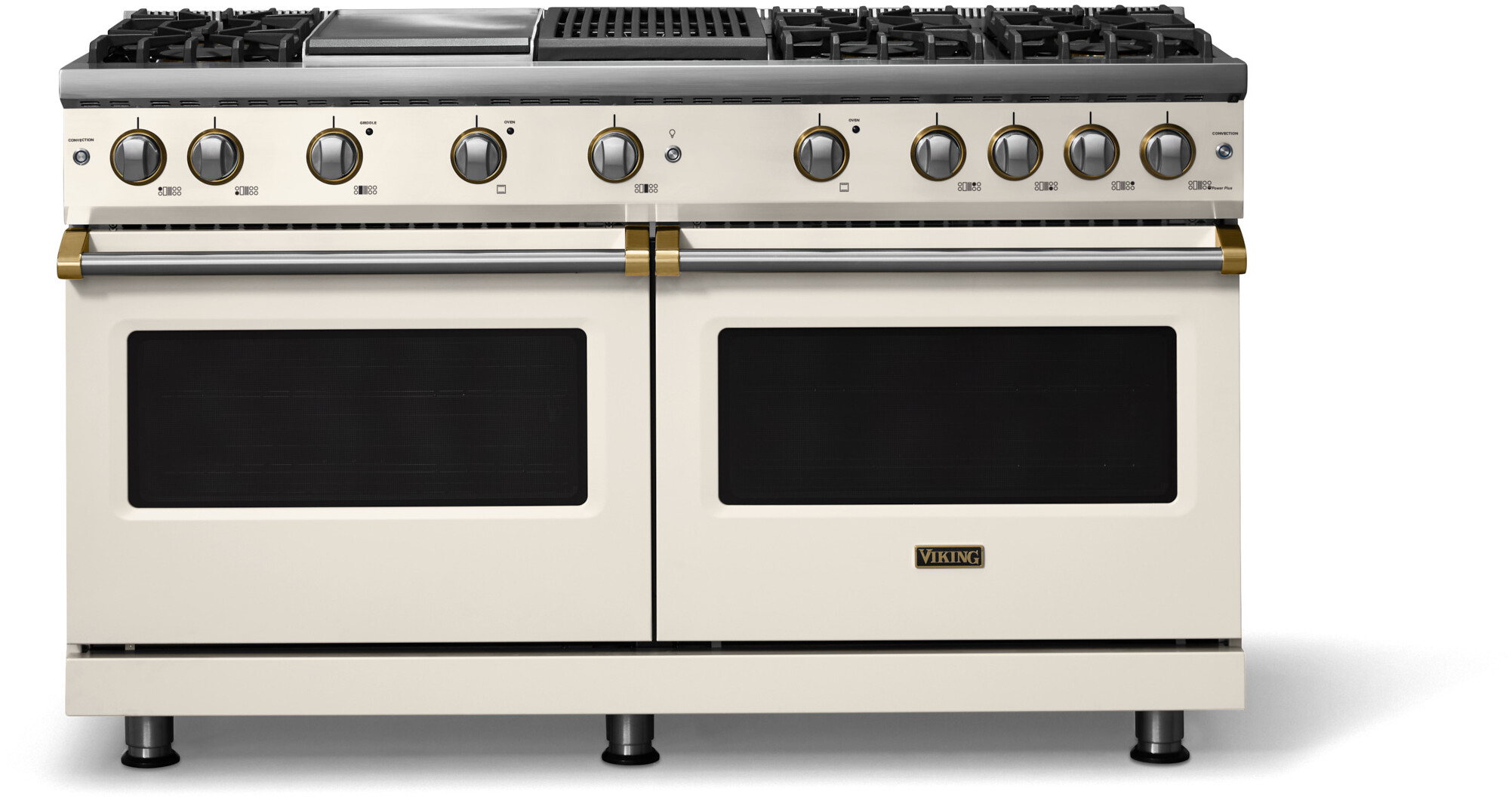 Viking VGR56046GQPWBBLP 5-Series 60 inch Freestanding Gas Range with 6 Sealed Burners, Griddle, Grill, 8 cu. ft. Oven Capacity, VSH Pro Sealed Burner System and Gourmet-Glo Infrared Broiler (Pure White, Brushed Brass, Liquid Propane)