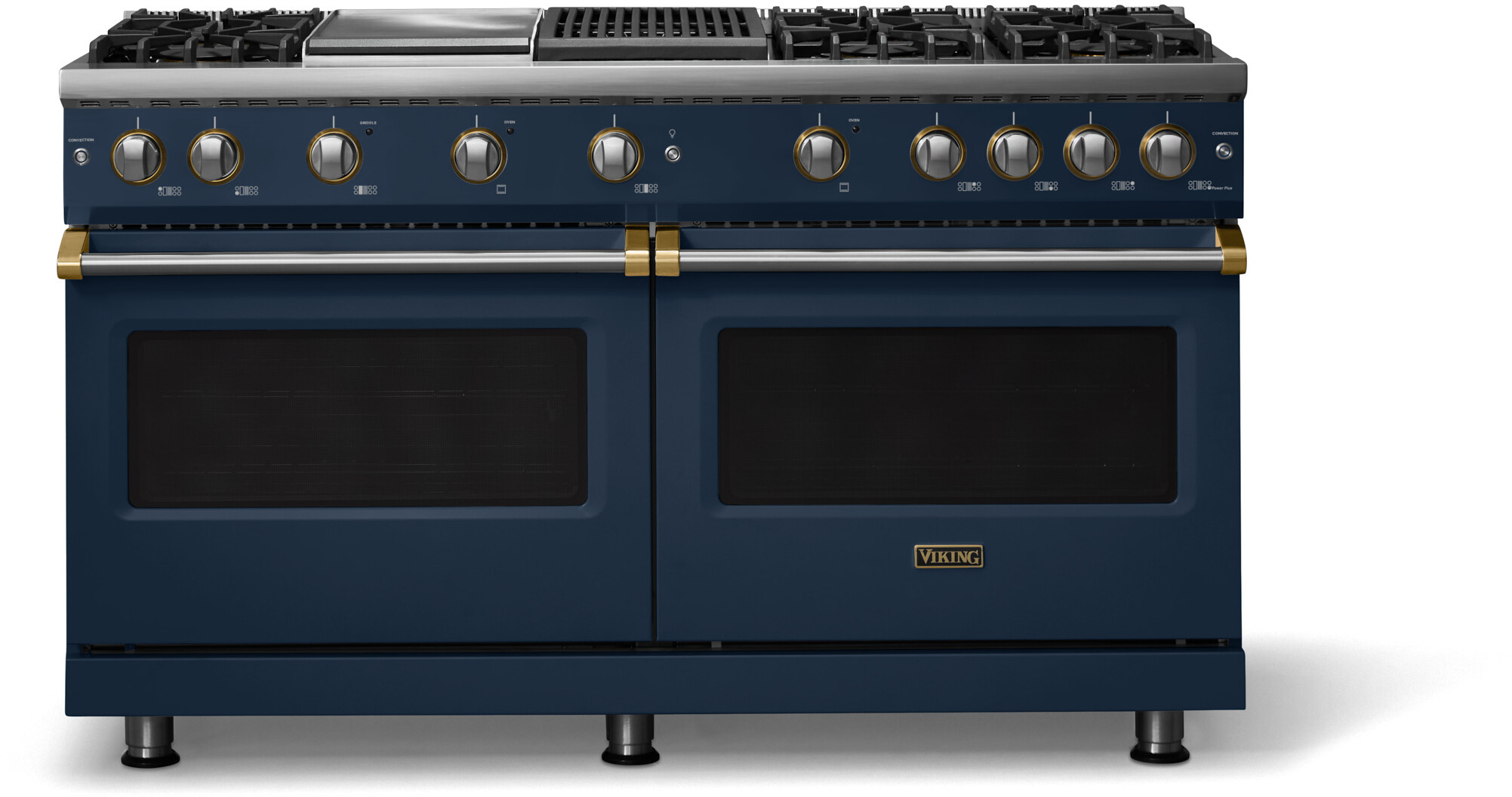 Viking VGR56046GQSBBB 5-Series 60 inch Freestanding Gas Range with 6 Sealed Burners, Griddle, Grill, 8 cu. ft. Oven Capacity, VSH Pro Sealed Burner System and Gourmet-Glo Infrared Broiler (Slate Blue, Brushed Brass, Natural Gas)