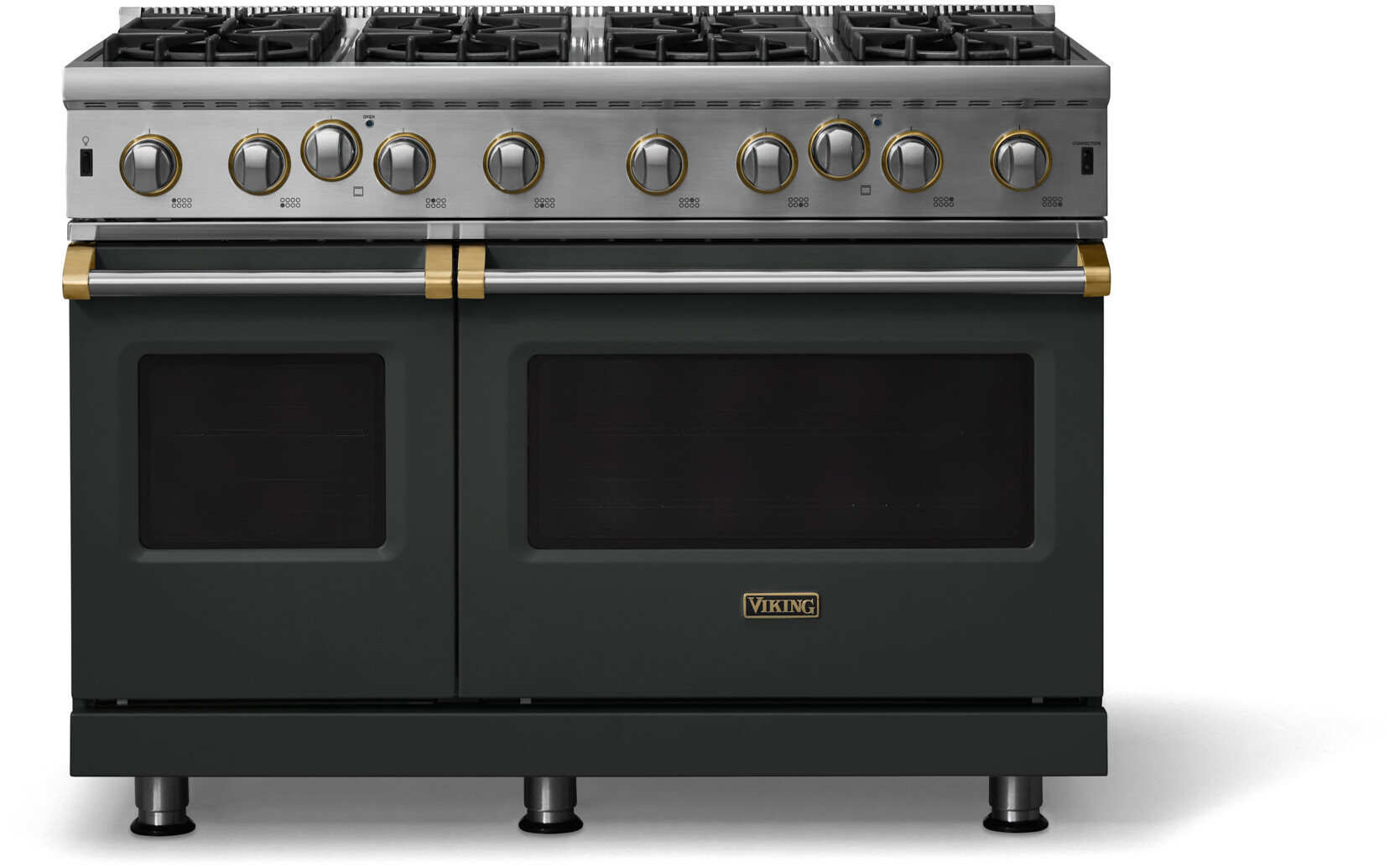 Viking VGIC54828BANBB 5 Series 48 inch Freestanding Gas Range with 8 Open Burners, 6.1 cu. ft. Total Capacity, Continuous Grates, SureSpark Ignition System, ProFlow Convection Baffle, Brushed Brass Trim (Antique Bronze, Natural Gas)