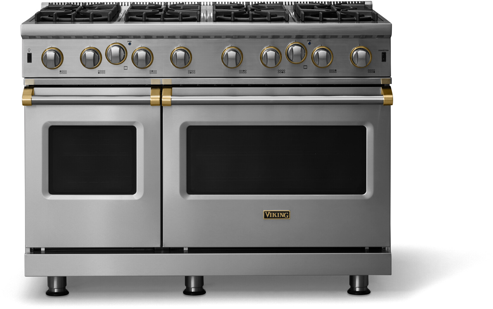 Viking VGIC54828BSSBB 5 Series 48 inch Freestanding Gas Range with 8 Open Burners, 6.1 cu. ft. Total Capacity, Continuous Grates, SureSpark Ignition System, ProFlow Convection Baffle, Brushed Brass Trim (Stainless Steel, Natural Gas)