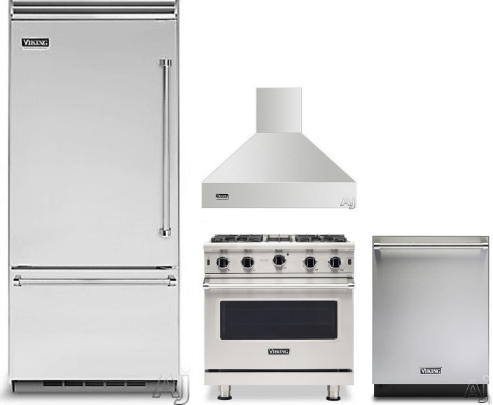 Viking 5 4 Piece Kitchen Appliances Package with Bottom Freezer Refrigerator, Gas Range and Dishwasher in Stainless Steel VIRERADWRH1437