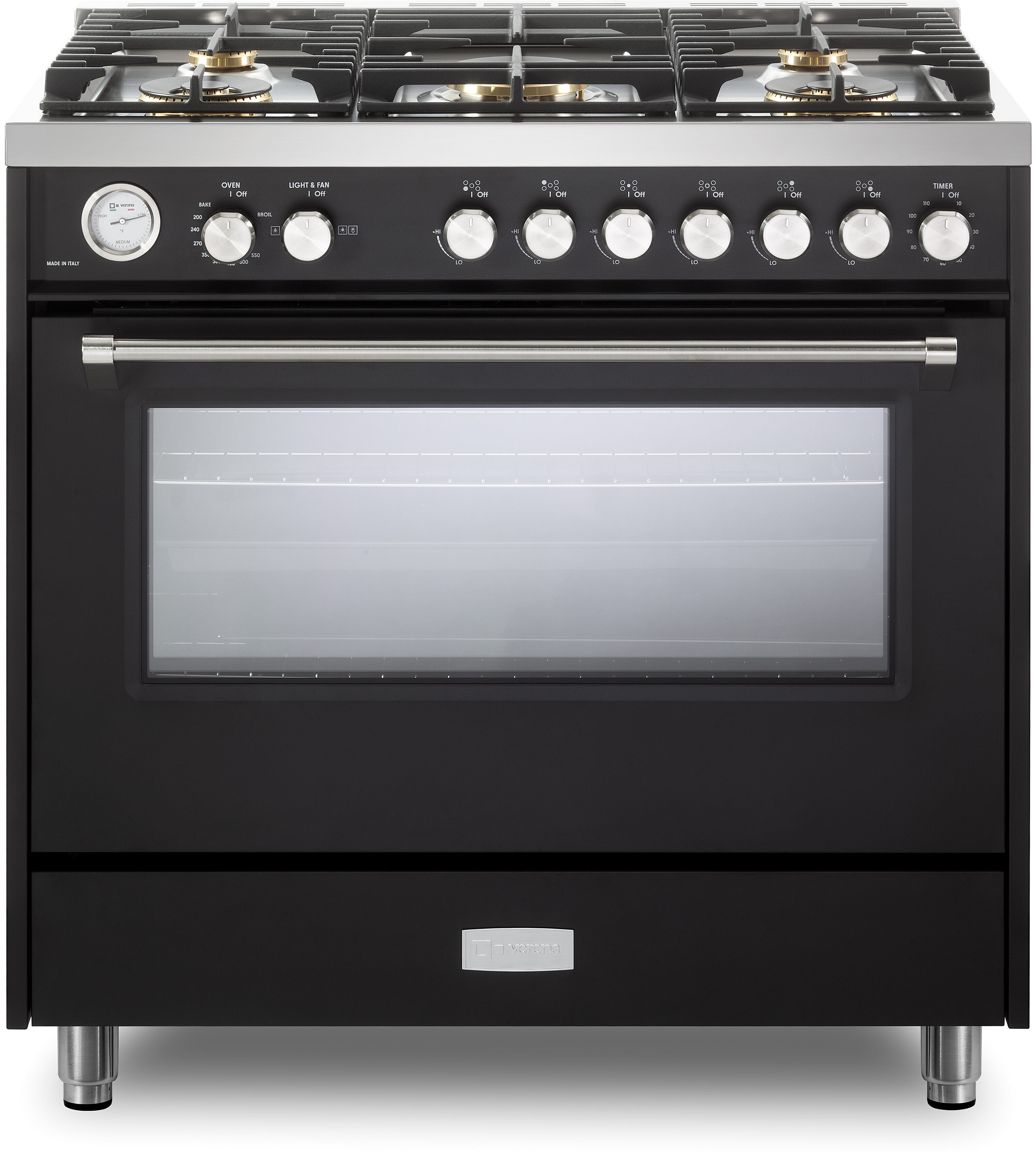 Verona VUFSGG365E 36 inch Ultima Collection Freestanding Gas Range with 5 Sealed SABAF Brass Burners, 5 cu. ft. Oven Capacity, Temperature Gauge (Matte Black)