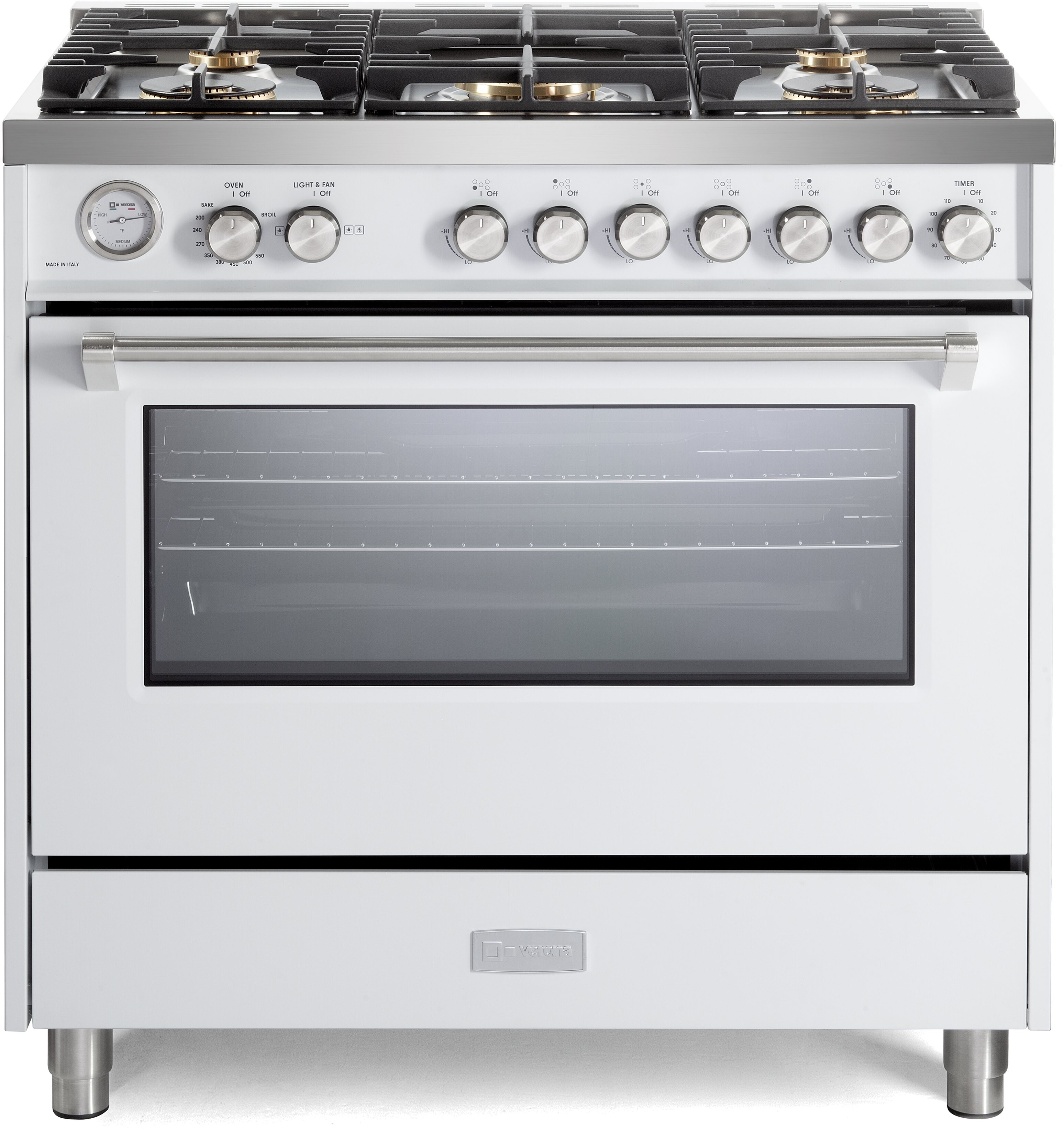 Verona VUFSGG365W 36 inch Ultima Collection Freestanding Gas Range with 5 Sealed SABAF Brass Burners, 5 cu. ft. Oven Capacity, Temperature Gauge (White)