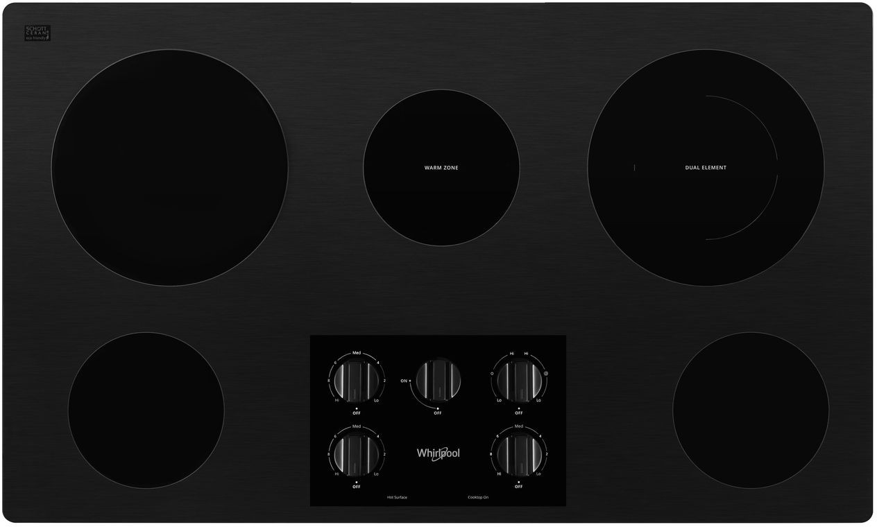 Whirlpool WCE55US6HB 36 inch Electric Cooktop with 5 Radiant Burners, 3000 Watts Heating Power, Warm Zone Element, Hot Surface Indicator Light in Black