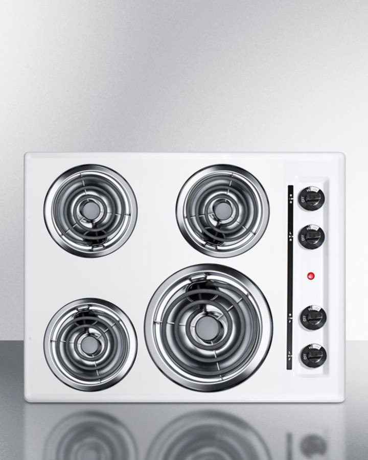 Summit WEL03 24 inch Coil Cooktop with 4 Elements, Recessed Top, Porcelain Cooking Surface, Chrome Drip Pans (White)