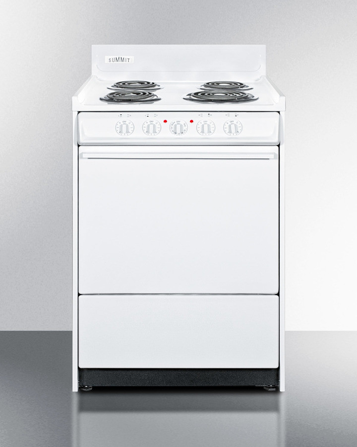 Summit WEM610 24 Inch Electric Range with 4 Coil Elements, 2.92 cu. ft. Oven Capacity, Storage Compartment, Indicator Light, Chrome Drip Pan in White (Yes, Solid Door)