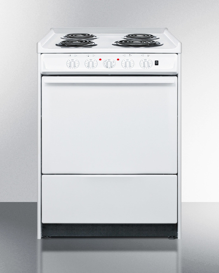 Summit WEM610R 24 Inch Electric Range with 4 Coil Elements, 2.92 cu. ft. Oven Capacity, Storage Compartment, Indicator Light, Chrome Drip Pan in White (No, Solid Door)