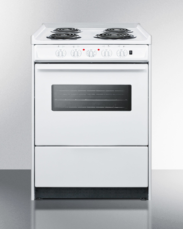 Summit WEM610RW 24 Inch Electric Range with 4 Coil Elements, 2.92 cu. ft. Oven Capacity, Storage Compartment, Indicator Light, Chrome Drip Pan in White (No, Glass Door)