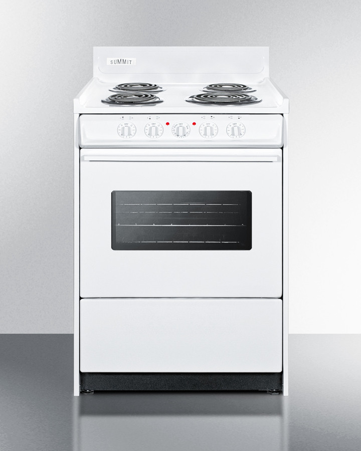 Summit WEM610W 24 Inch Electric Range with 4 Coil Elements, 2.92 cu. ft. Oven Capacity, Storage Compartment, Indicator Light, Chrome Drip Pan in White (Yes, Glass Door)