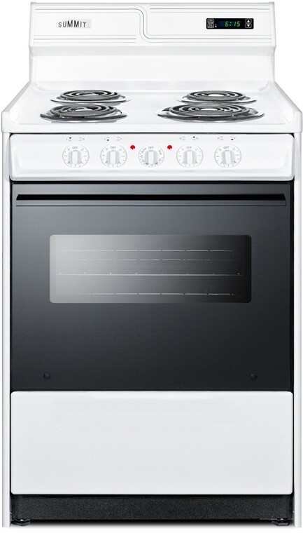 Summit WEM630DK 24 inch Electric Range with 4 Coil Elements, 2.92 cu. ft. Capacity, Digital Clock and Timer, and Chrome Drip Pans in White (Black)