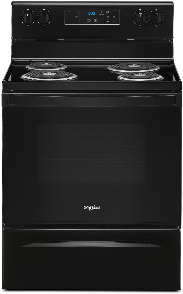 Whirlpool WFC150M0JB 30 inch Electric Range with 4 Coil Elements, 4.8 cu. ft Oven Capacity, Keep Warm Setting, Control Lock Mode in Black