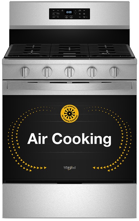 Whirlpool WFGS5030RS 30 inch Freestanding Gas Fuel Range with 5 Sealed Burners, 5.0 cu. ft. Air Baking, SpeedHeat Burner, Cooktop Flexibility (Stainless Steel)