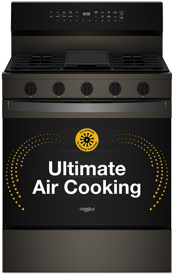 Whirlpool WFGS7530RV 30 inch Freestanding Smart Gas Range with 5 Sealed Burners, 5.3 cu. ft. Oven Capacity, Air Cooking Technology, No Preheat Air Fry, Steam/Self Clean and High-Speed Preheat (Black On Stainless)