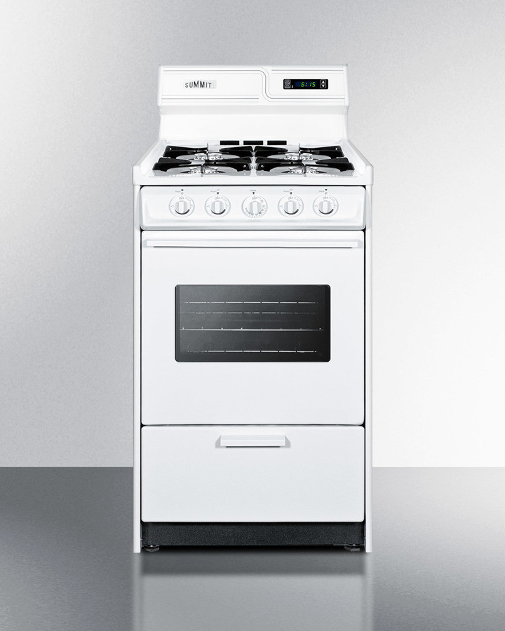 Summit WNM1307KW 20 inch Freestanding Gas Range with 4 Open Burners, 2.46 Cu. Ft. Capacity, Manual Clean, Broiler Drawer, and Electronic Ignition, in White (White)