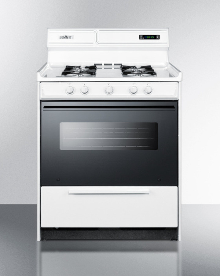 Summit WNM2307DK 30 inch Gas Range with 4 Open Burners, 3.7 cu. ft. Capacity, Broiler Drawer, and Electronic Ignition in White (Black)