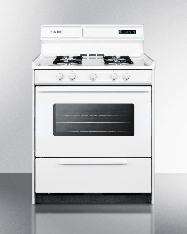 Summit WNM2307KW 30 inch Gas Range with 4 Open Burners, 3.7 cu. ft. Capacity, Broiler Drawer, and Electronic Ignition in White (White)