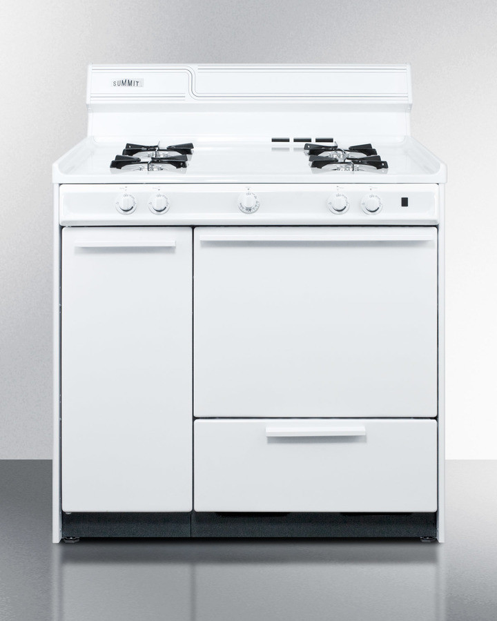 Summit WNM4307 36 inch Gas Range with 4 Open Burners, 2.92 cu. ft. Capacity, Broiler Compartment and Storage Cabinet in White