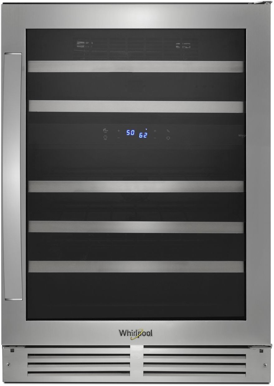 Whirlpool WUW55X24HS 24 inch Freestanding or Built-In Undercounter Wine Center with 46-Bottle Wine Storage Capacity, Dual-Temperature Controlled Zone, LED Lighting, Temperature Sensor Alert, in Stainless Steel