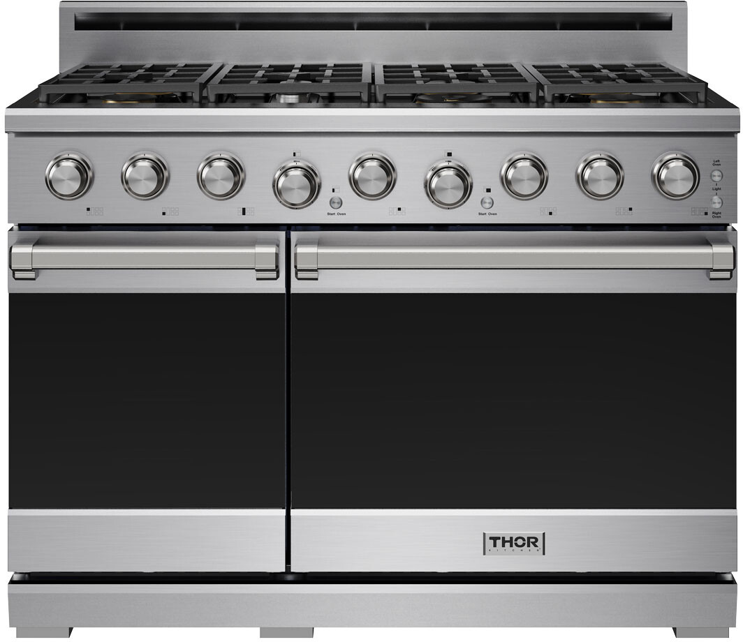 Thor Kitchen XRG48E 48 inch X Series Professional Gas Range with 7 Burners, 7.6 cu. ft. Oven Capacity, LuxGlide Telescopic Racks and Blue LED Illuminated Knobs in Stainless Steel (Natural Gas)