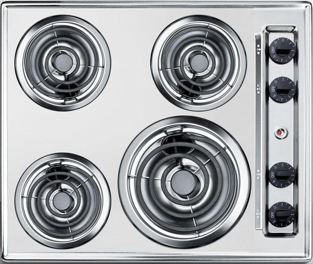 Summit ZEL03 24 inch Coil Cooktop with 4 Elements, Recessed Top, Porcelain Cooking Surface, Chrome Drip Pans (Stainless Steel Look)