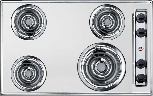 Summit ZEL05 30 Inch Electric Cooktop with 4 Coil Elements, Side Knob Control, Porcelain Cooking Surface, Chrome Drip Bowl (Stainless Steel Look)