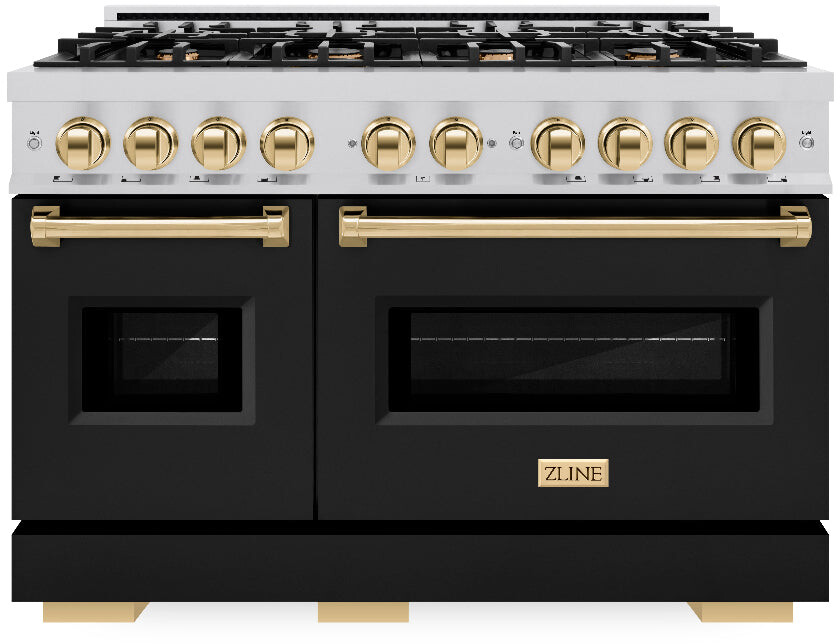 ZLINE CDRZBLM48G 48 inch Autograph Edition Classic Series Dual Fuel Range with 8 Burners, 6.7 cu. ft. Capacity Oven, Convection Cooking, Reversible Cast-Iron Griddle and Italian-Made Auto-Reignition Burners in Black Matte (Polished Gold)