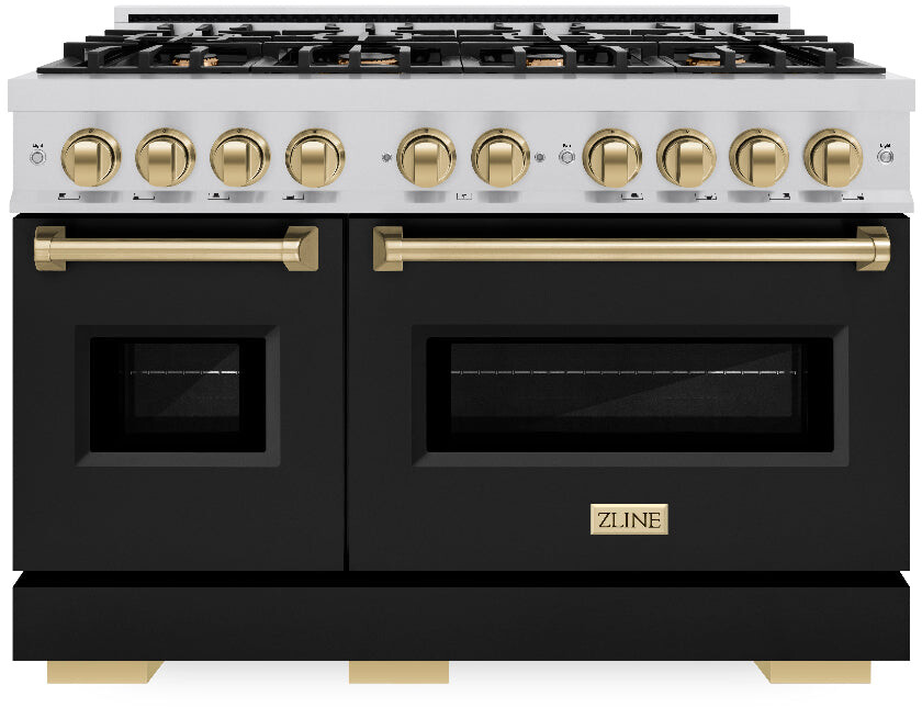 ZLINE CDRZBLM48CB 48 inch Autograph Edition Classic Series Dual Fuel Range with 8 Burners, 6.7 cu. ft. Capacity Oven, Convection Cooking, Reversible Cast-Iron Griddle and Italian-Made Auto-Reignition Burners in Black Matte (Champagne Bronze)