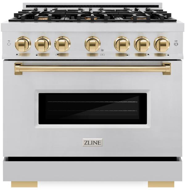 ZLINE CDRZ36G 36 inch Autograph Edition Classic Series Dual Fuel Range with 6 Burners, 5.2 cu. ft. Oven Capacity, Convection Cooking and Auto-Reignition (Stainless Steel, 1 Year Parts and Labor, Limited Lifetime on Burners, No, Polished Gold)