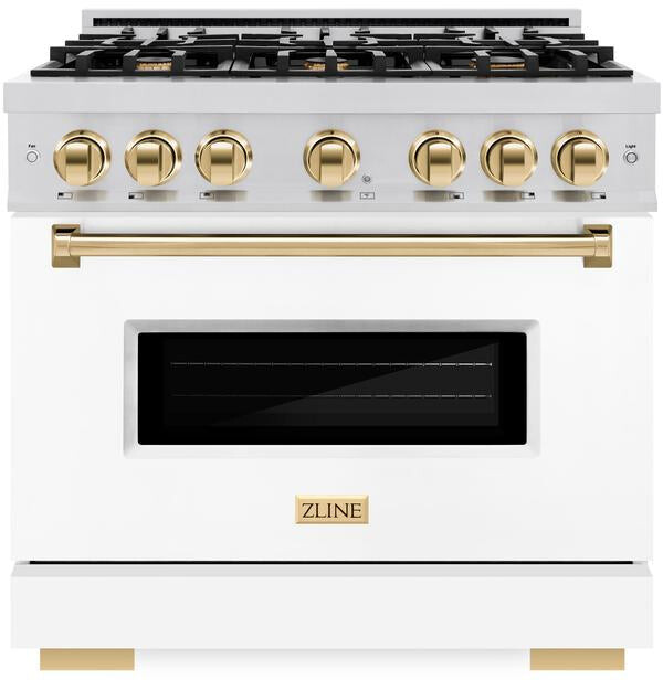 ZLINE CDRZWM36G 36 inch Autograph Edition Classic Series Dual Fuel Range with 6 Burners, 5.2 cu. ft. Oven Capacity, Convection Cooking and Auto-Reignition (White Matte, 1 Year Parts and Labor, Limited Lifetime on Burners, No, Polished Gold)