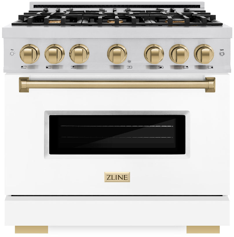 ZLINE CDRZWM36CB 36 inch Autograph Edition Classic Series Dual Fuel Range with 6 Burners, 5.2 cu. ft. Oven Capacity, Convection Cooking and Auto-Reignition (White Matte, 1 Year Parts and Labor, Limited Lifetime on Burners, No, Champagne Bronze)