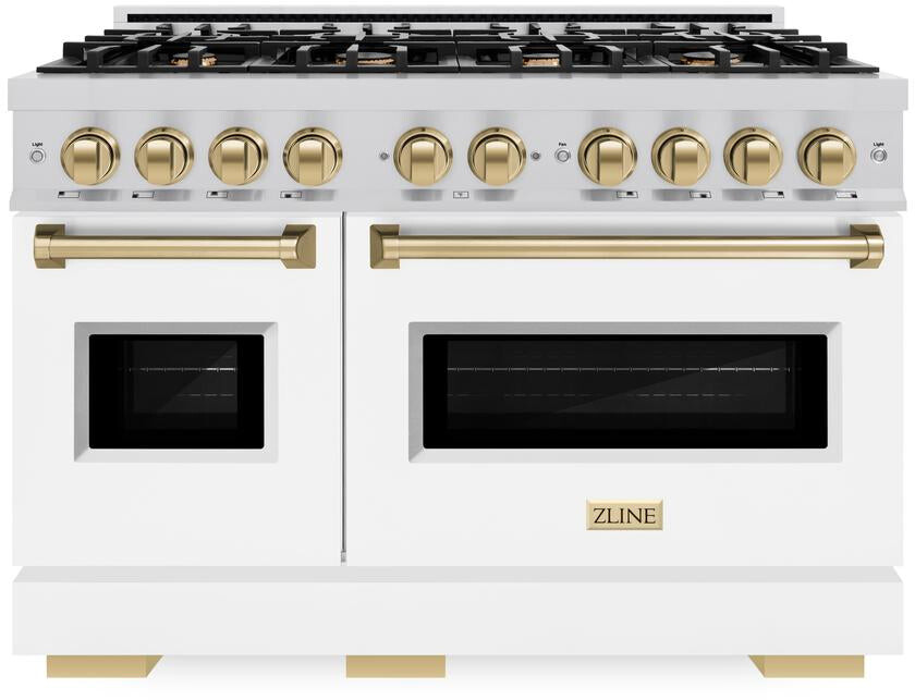 ZLINE CDRZWM48CB 48 inch Autograph Edition Classic Series Dual Fuel Range with 8 Burners, 6.7 cu. ft. Total Oven Capacity, Convection Cooking and Auto-Reignition (White Matte, Champagne Bronze)