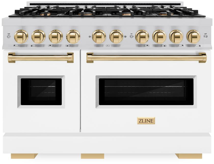 ZLINE CDRZWM48G 48 inch Autograph Edition Classic Series Dual Fuel Range with 8 Burners, 6.7 cu. ft. Total Oven Capacity, Convection Cooking and Auto-Reignition (White Matte, Polished Gold)
