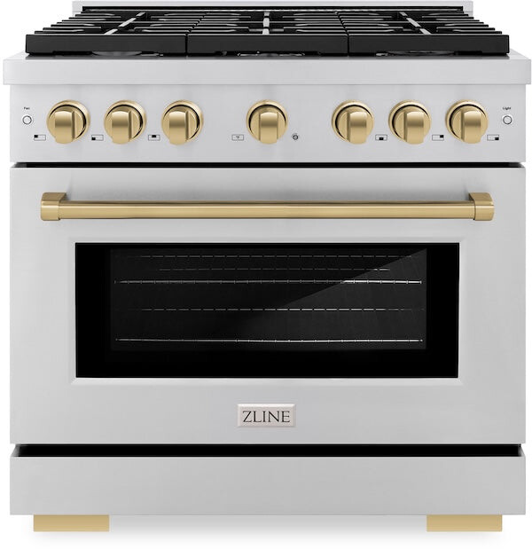 ZLINE SGRZ36CB 36 inch Autograph Edition Paramount Series Gas Range with 6 Burners, 5.2 cu. ft. Capacity Oven, Convection Cooking and Italian-Made Auto-Reignition Burners (Stainless Steel, Champagne Bronze)