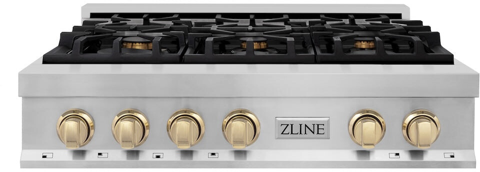 ZLINE RTZ36G 36 inch Legacy Rangetop with 6 Italian-Crafted Burners, Porcelain Cooktop, Cast Iron Grates, in Stainless Steel (Polished Gold)
