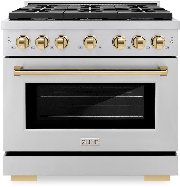 ZLINE SGRZ36G 36 inch Autograph Edition Paramount Series Gas Range with 6 Burners, 5.2 cu. ft. Capacity Oven, Convection Cooking and Italian-Made Auto-Reignition Burners (Stainless Steel, Polished Gold)