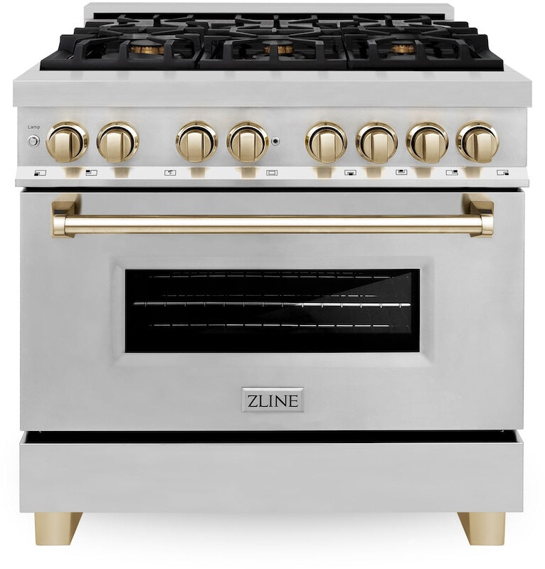 ZLINE RAZ36G 36 inch Autograph Edition Legacy Series Dual Fuel Range with 6 Italian-Made Sealed Burners, 4.6 cu. ft. Oven Capacity, Convection Cooking and StayPut Oven Door Hinges (Stainless Steel, Polished Gold)