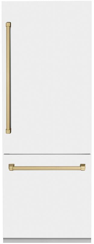 ZLINE RBIVZWM30CB 30 inch Autograph Edition Built-In Bottom Freezer Refrigerator with 16.1 cu. ft. Capacity, Water Dispenser and Flex Drawer in White Matte (Champagne Bronze)