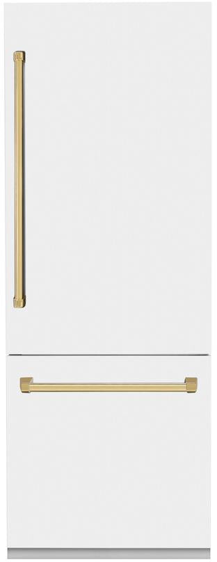 ZLINE RBIVZWM30G 30 inch Autograph Edition Built-In Bottom Freezer Refrigerator with 16.1 cu. ft. Capacity, Water Dispenser and Flex Drawer in White Matte (Polished Gold)