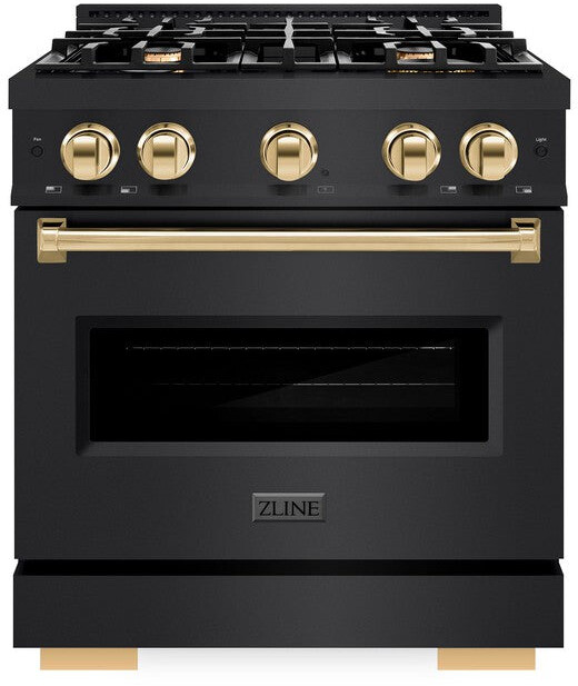 ZLINE CDRBZ30G 30 inch Autograph Edition Classic Series Dual Fuel Range with 4 Burners, 4.2 cu. ft. Oven Capacity, Convection Cooking and Auto-Reignition in Black Stainless Steel (1 Year Parts and Labor, Limited Lifetime on Burners, Polished Gold)