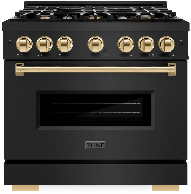 ZLINE CDRBZ36G 36 inch Autograph Edition Classic Series Dual Fuel Range with 6 Burners, 5.2 cu. ft. Oven Capacity, Convection Cooking and Auto-Reignition in Black Stainless Steel (Polished Gold)