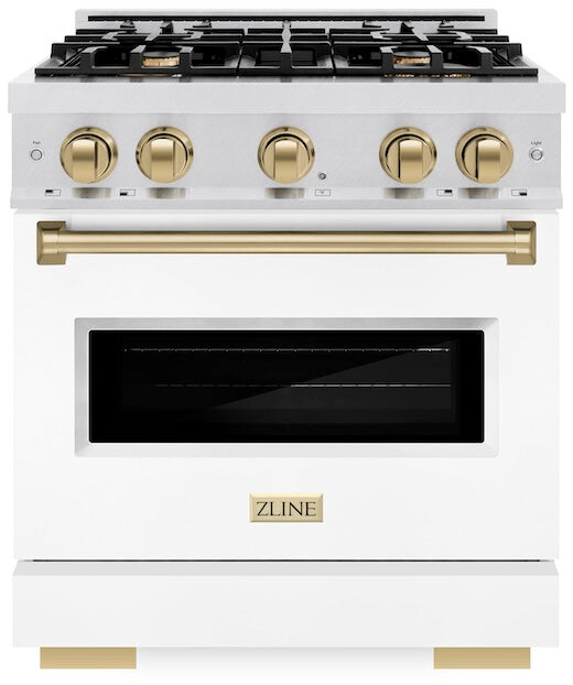 ZLINE CDRSZWM30CB 30 inch Autograph Edition Classic Series Dual Fuel Range with 4 Burners, 4.2 cu. ft. Oven Capacity, Convection Cooking and Auto-Reignition (White Matte, Champagne Bronze)