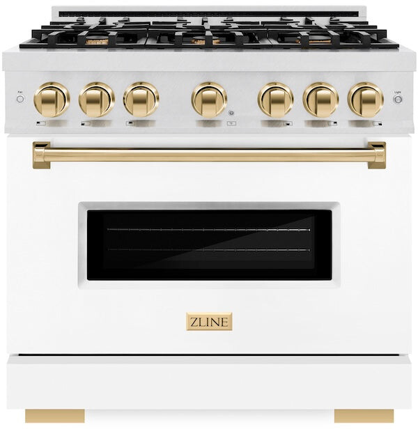 ZLINE CDRSZWM36G 36 inch Autograph Edition Classic Series Dual Fuel Range with 6 Burners, 5.2 cu. ft. Oven Capacity, Convection Cooking and Auto-Reignition (White Matte, Polished Gold)