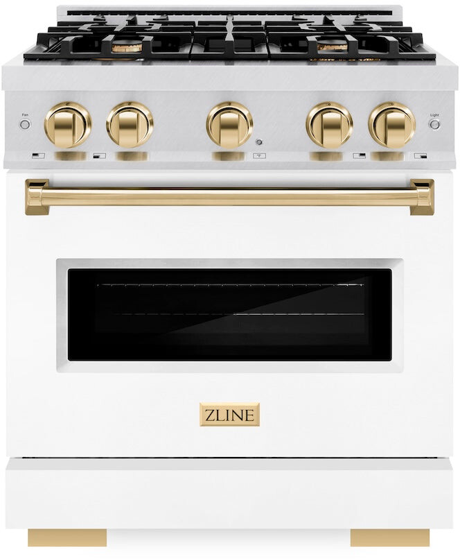 ZLINE CDRSZWM30G 30 inch Autograph Edition Classic Series Dual Fuel Range with 4 Burners, 4.2 cu. ft. Oven Capacity, Convection Cooking and Auto-Reignition (White Matte, Polished Gold)