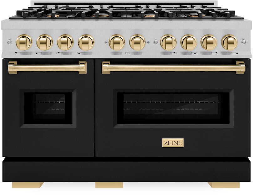 ZLINE CDRSZBLM48G 48 inch Autograph Edition Classic Series Dual Fuel Range with 8 Burners, 6.7 cu. ft. Capacity Oven, Convection Cooking, Reversible Cast-Iron Griddle and Italian-Made Auto-Reignition Burners in Black Matte (Polished Gold)