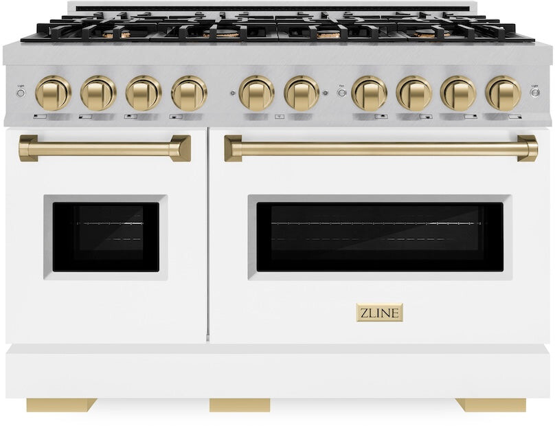 ZLINE CDRSZWM48CB 48 inch Autograph Edition Classic Series Dual Fuel Range with 8 Burners, 6.7 cu. ft. Total Oven Capacity, Convection Cooking and Auto-Reignition (White Matte, Champagne Bronze)