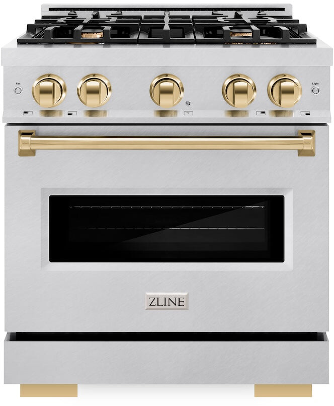 ZLINE CDRSZ30G 30 inch Autograph Edition Classic Series Dual Fuel Range with 4 Burners, 4.2 cu. ft. Oven Capacity, Convection Cooking and Auto-Reignition (Satin Stainless Steel, Polished Gold)