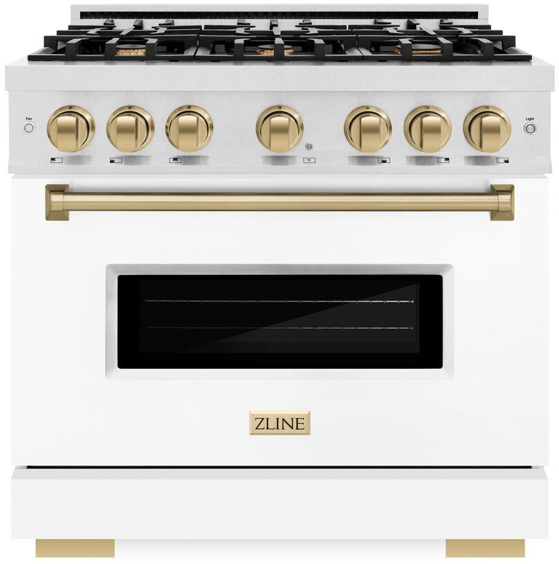 ZLINE CDRSZWM36CB 36 inch Autograph Edition Classic Series Dual Fuel Range with 6 Burners, 5.2 cu. ft. Oven Capacity, Convection Cooking and Auto-Reignition (White Matte, Champagne Bronze)